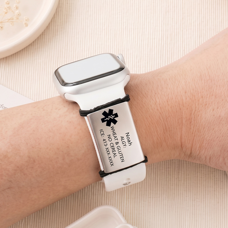 Personalized Medical Alert Watch Band Tag Custom Engraved Allergy & Emergency Info ID Steel Charm for Apple Fitbit Garmin Watch Bands