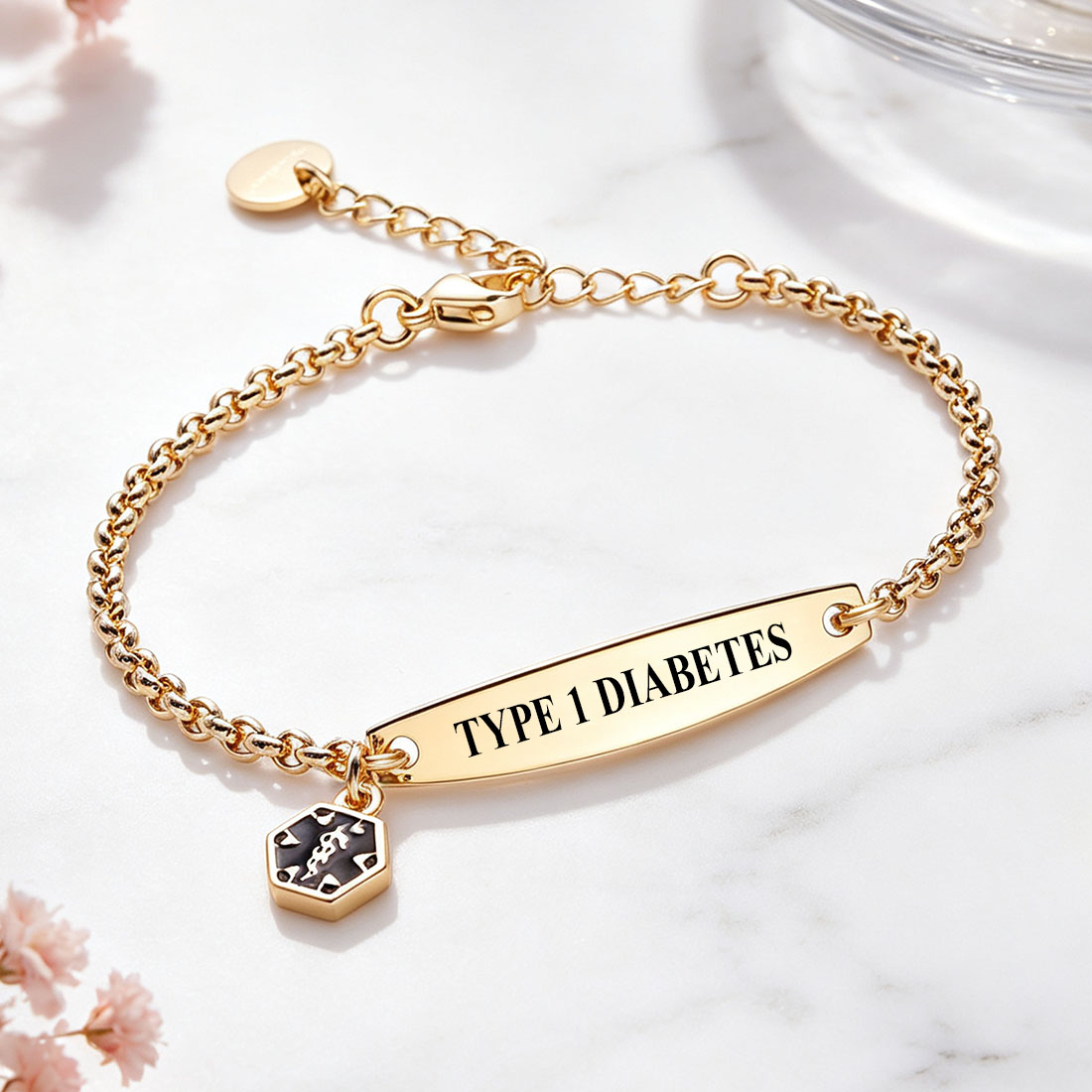 Personalized Star of Life Medical Alert ID Emergency Bracelet with Engraved Text Gift for Breast Cancer Diabetic Women