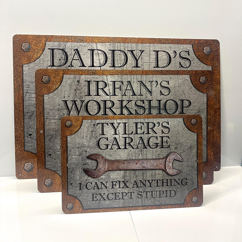 Personalized Workshop Sign Custom Garage Sign, Can't Fix Stupid Rust and Steel Design Birthday Gift for Dad Grandpa