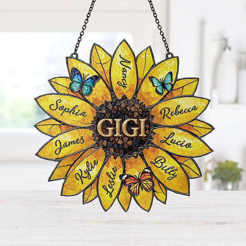 Personalized Sunflower Suncatcher Custom Family Names Stained Acrylic Window Art Gift for Mom Grandma Family
