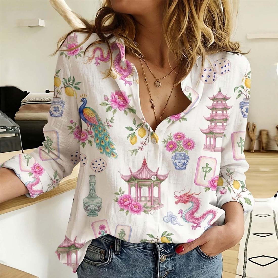 Retro Mahjong Women Blouse Shirt Chinoiserie Pattern Button Down Asian Art Long Sleeve Shirt