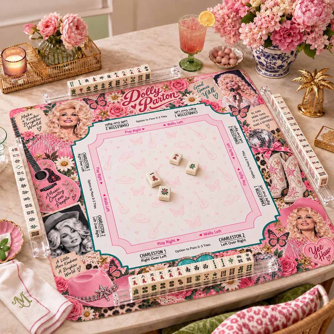 Dolly Parton Mahjong Mat Queen Of Country Mahjong Sparkling Pink Guitar Decor