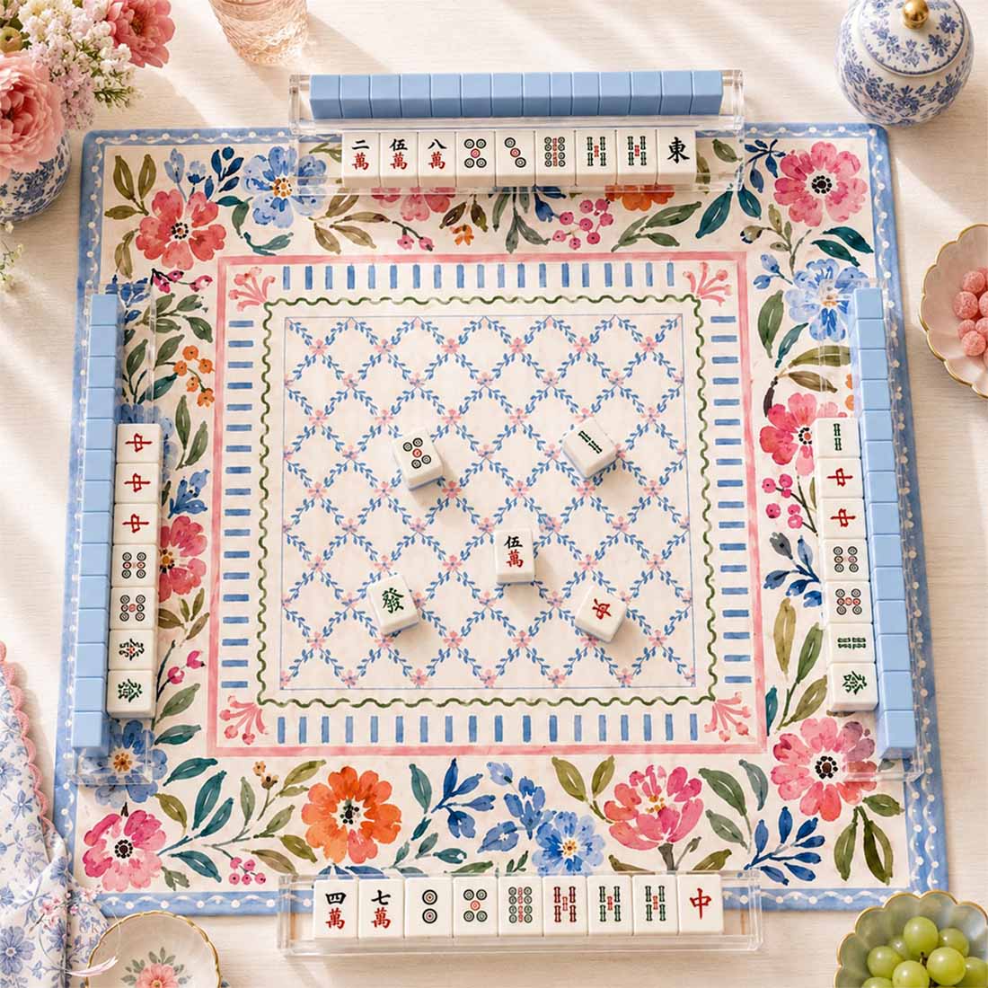 Watercolor Floral Garden Mahjong Mat American Mahjong Mat Blue Pink Botanical Lattice Preppy Grandmillennial