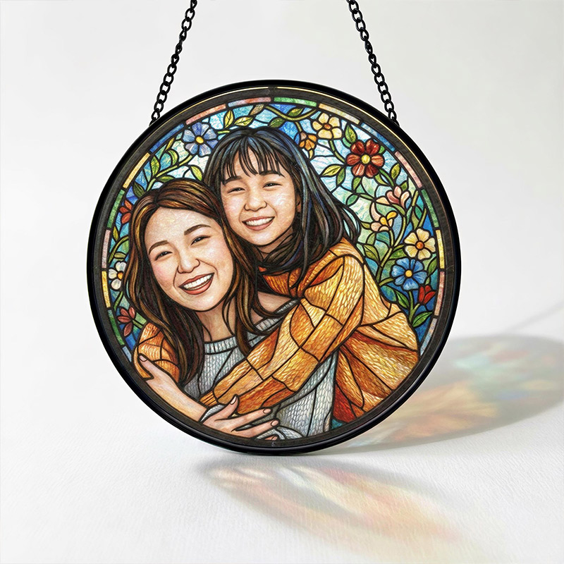 Persnalized Sun Catcher Mom Daughter Gift Custom Floral Stained Glass Portrait Photo Window Art