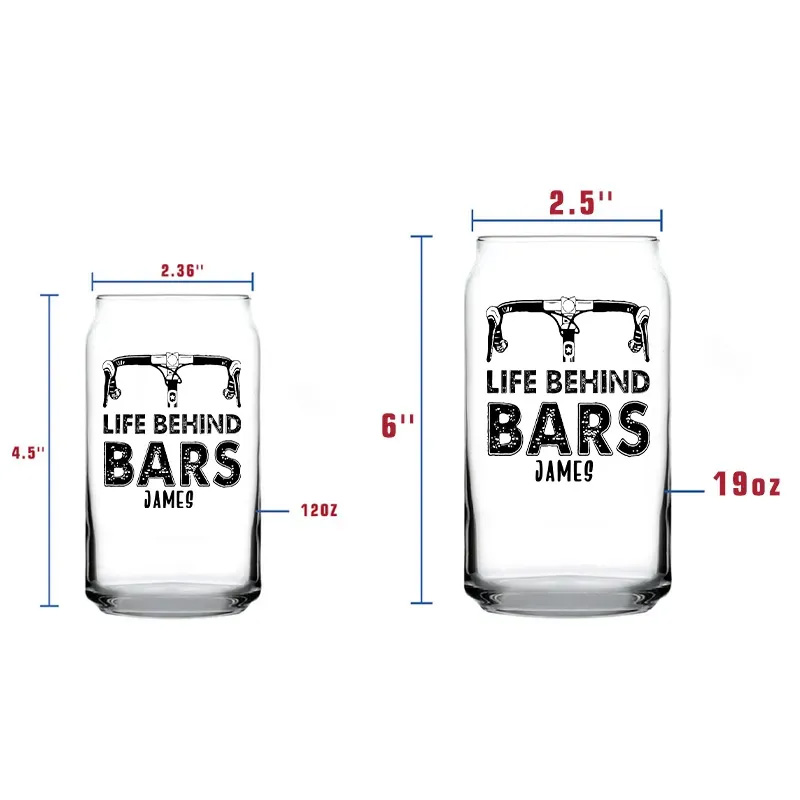 Personalized Life Behind Bars Bike Glass Bicycle Barware Screenprinted Pint Glass Beer Cycling Art Gift for Cyclists Biker Cycling Lovers