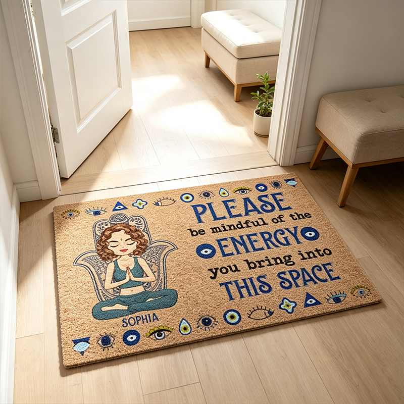 Personalized Please Be Mindful Of The Energy You Bring Into This Space - Birthday, Loving Gift For Yourself, Women, Yoga Lovers - Personalized Doormat