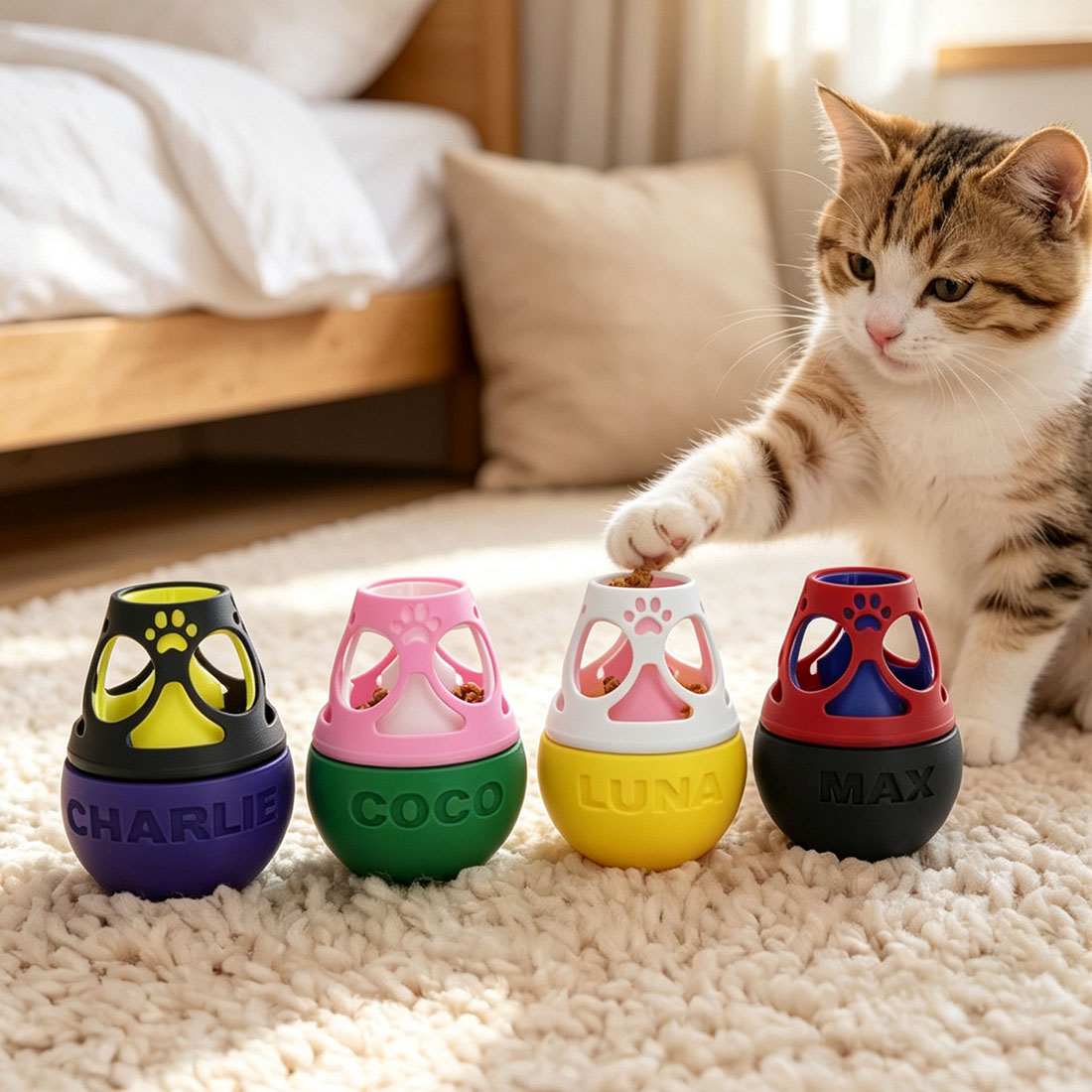 Personalized 3D Printed Multicolor Adjustable Treat Dispensing Cat Tumbler Toy with Name
