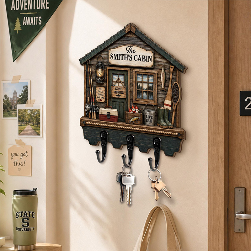 Personalized Fishing Cabin Key Holder for Dad Grandpa Gone Fishing Wall Key Rack 2D Rustic Lake House Decor Fisherman Gift Custom Cabin Sign