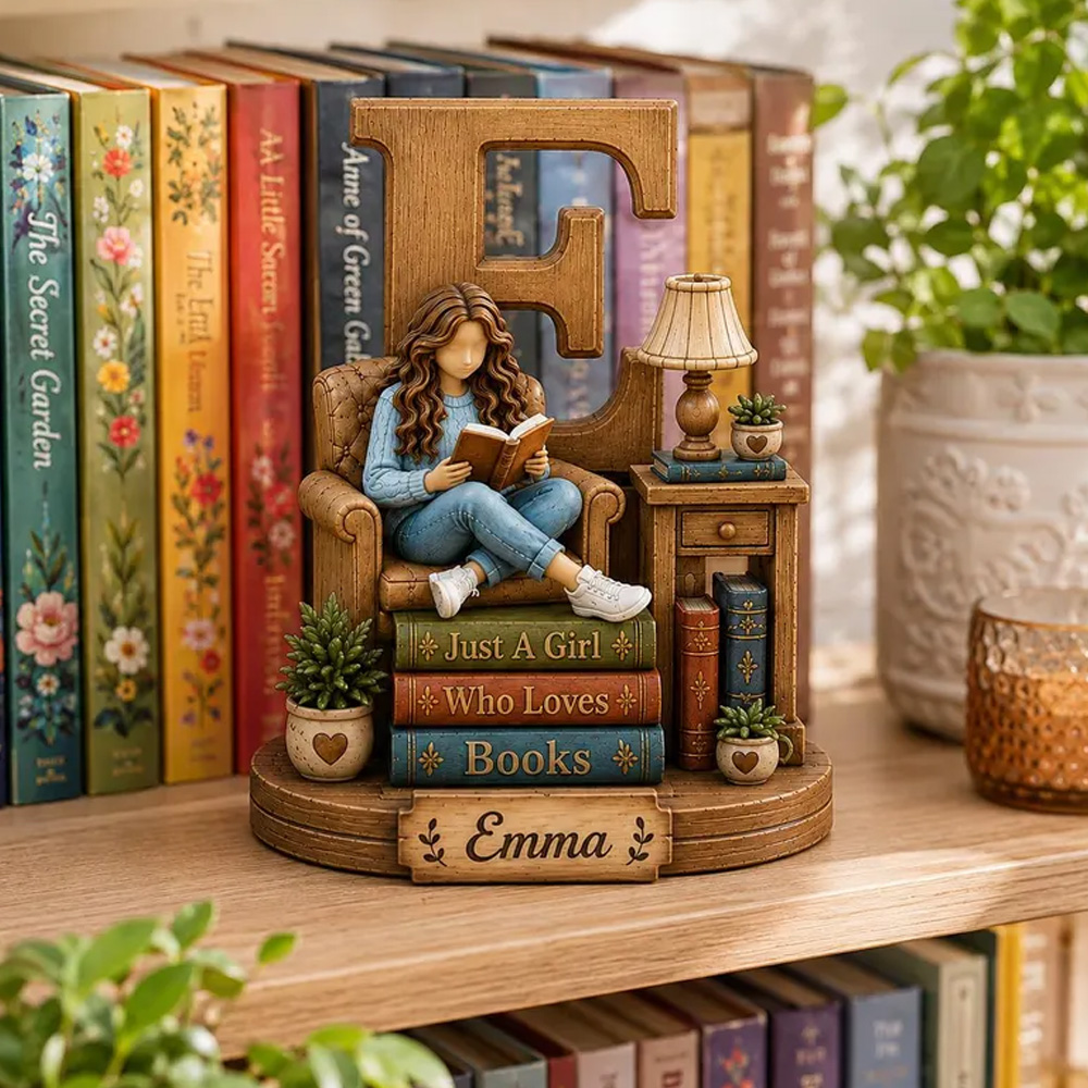 Personalized Book Lover Letter Decor Girl Reading On Chair Custom Name Initial Monogram Gift For Readers Bedroom Desk Shelf Home Ornament