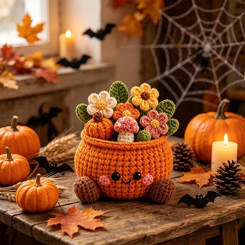 Personalized Handmade Crochet Pumpkin Flower Pot Cute Fall Desk & Tiered Tray Decor Halloween and Harvest Festival Gift for Coworker Friend Family