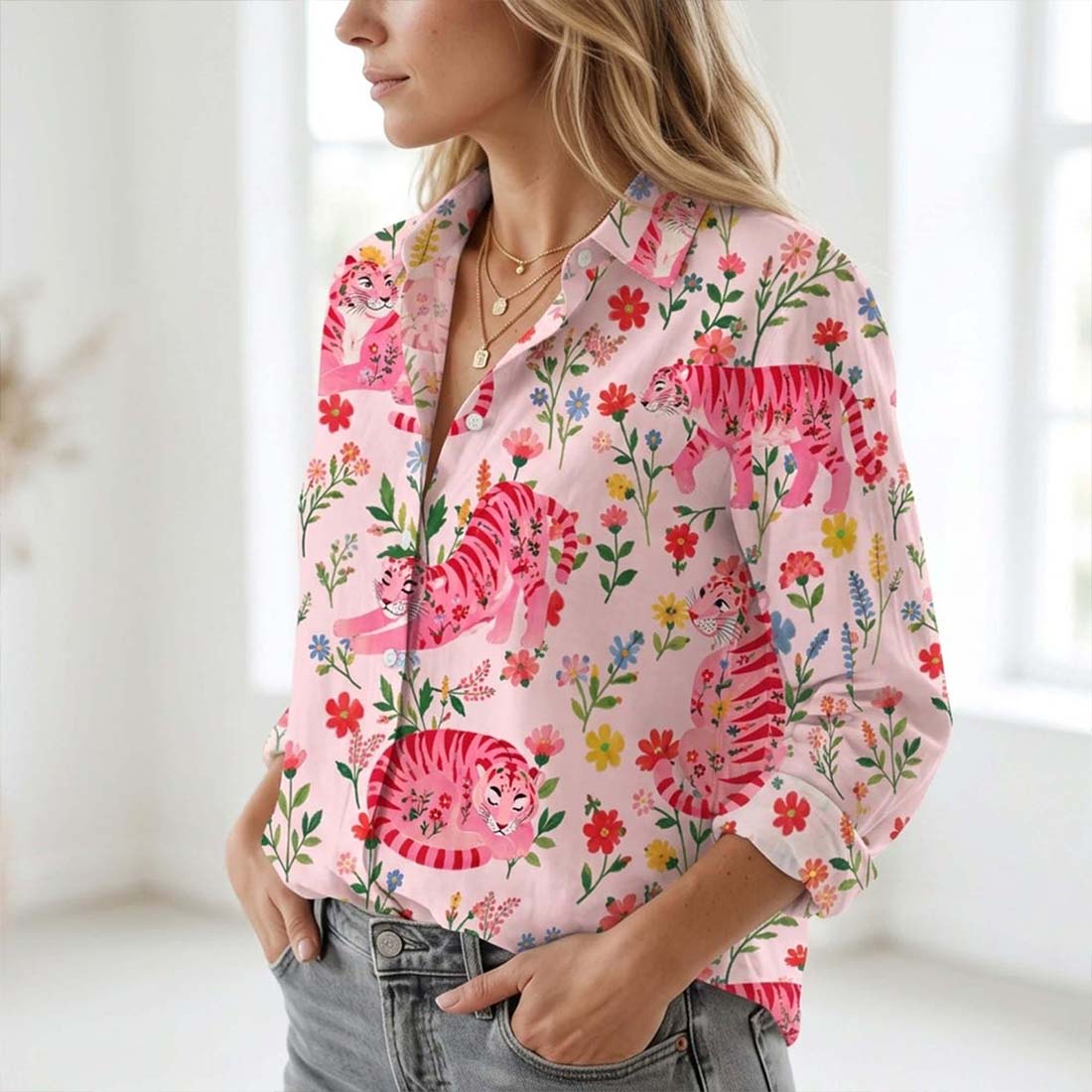 Preppy Chinoiserie Tiger Mahjong Blouse Shirt Tiger Floral Women Shirt Tropical Game Night Blouse