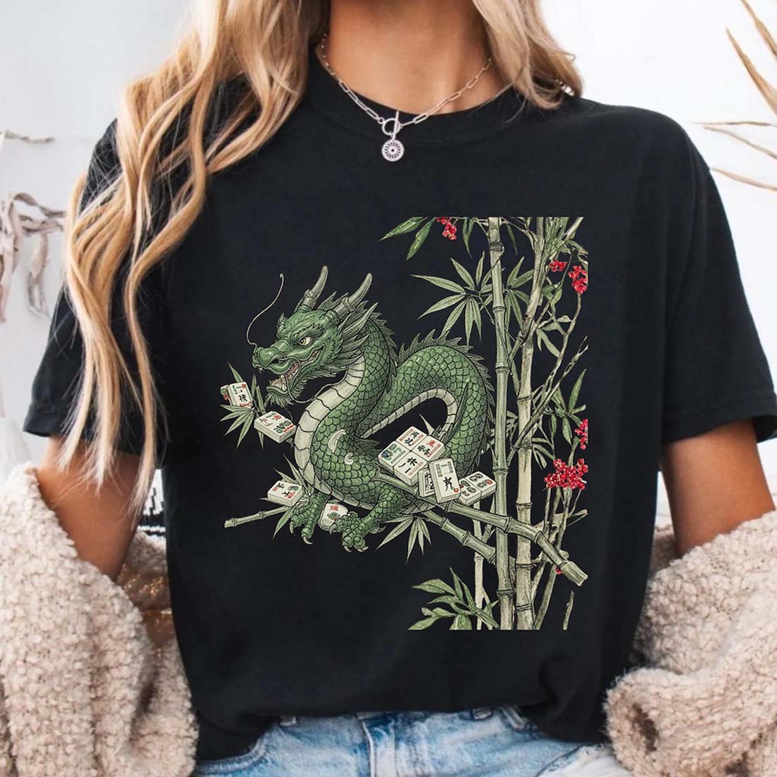 Dragon Mahjong T-Shirt Bamboo Tile Graphic Shirt