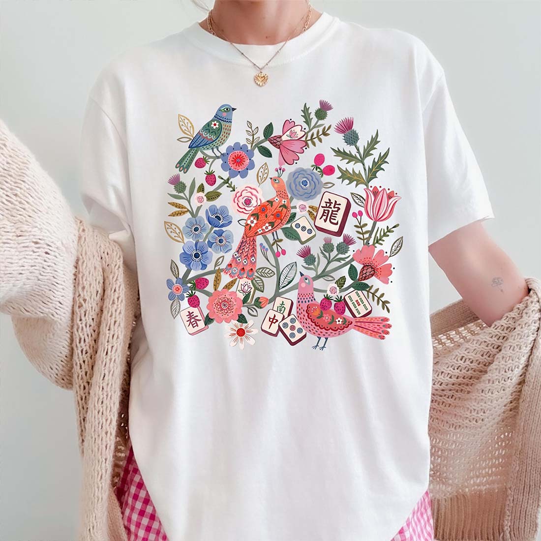 Floral Mahjong Shirt Boho Hidden Tile Tee Crack Dot Bam subtle Tiles Mahj Crew Group Shirt