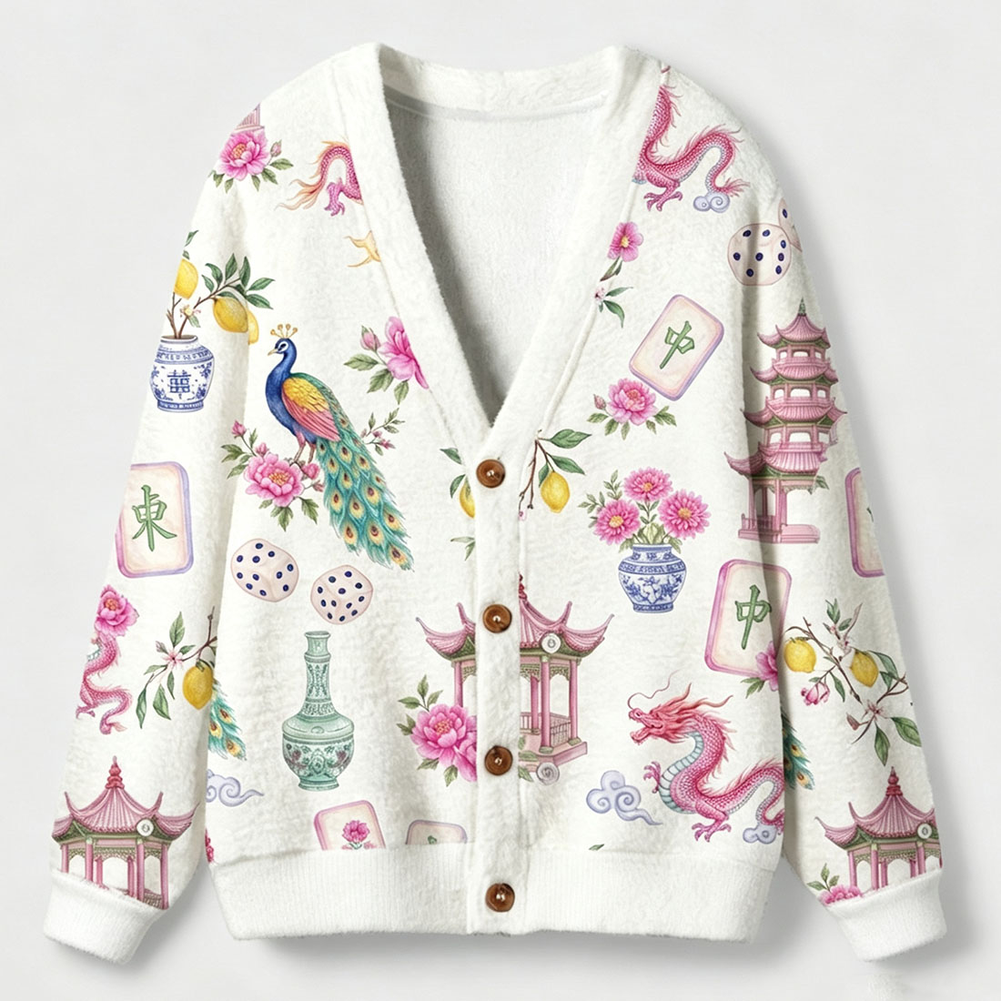 Retro Mahjong Women Light Knit Unisex Cardigan Sweaters Chinoiserie Pattern Asian Art