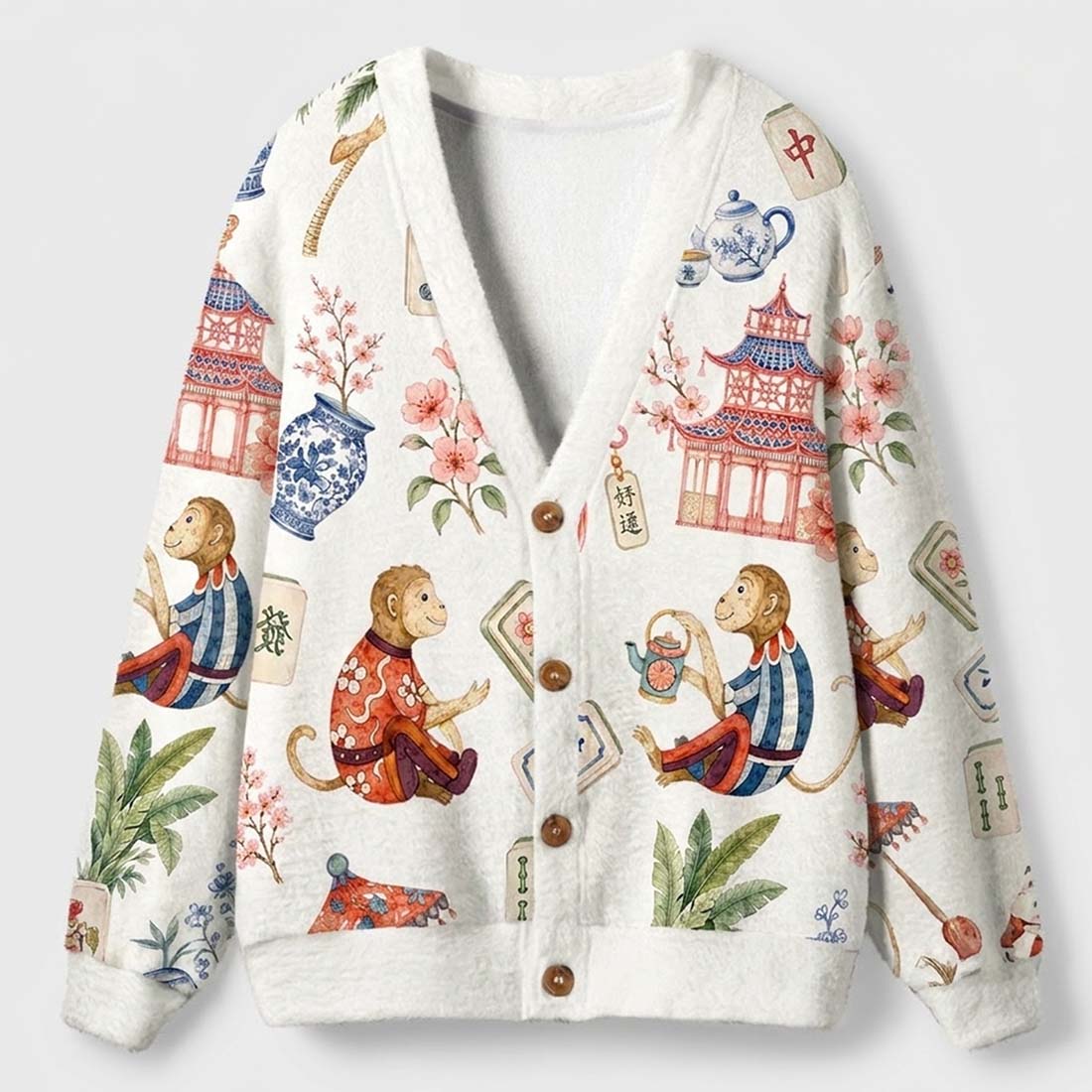 Preppy Chinoiserie Mahjong Women Light Knit Unisex Cardigan Sweaters Lucky Monkey Pink Pagoda