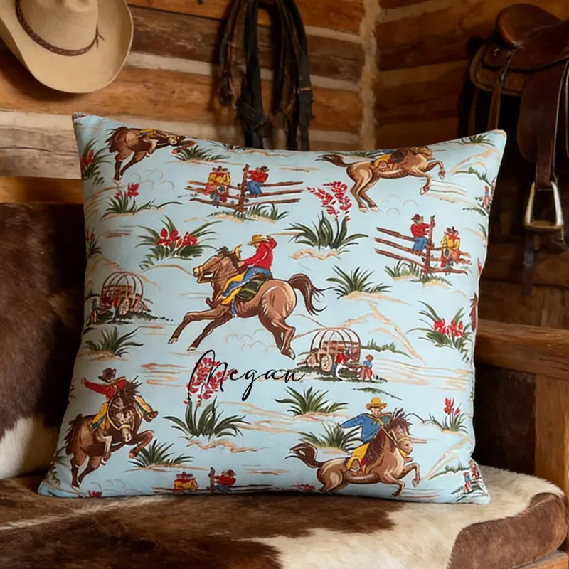 Personalized Equestrian Throw Pillow Wild West Cowboy Pillow Cover Bucking Broncs Cactus Wagon for Riding Lovers Equestrian Lovers
