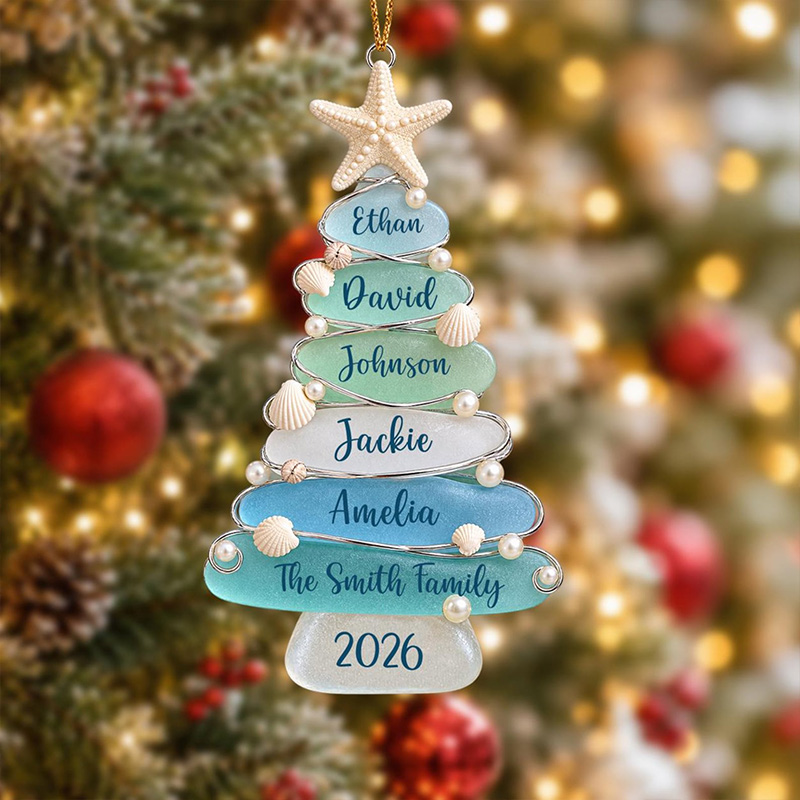 Personalized 2D Sea Glass Tree Family Ornament Coastal Christmas Keepsake Beach Holiday Decor Custom Family Names Gift Ornament