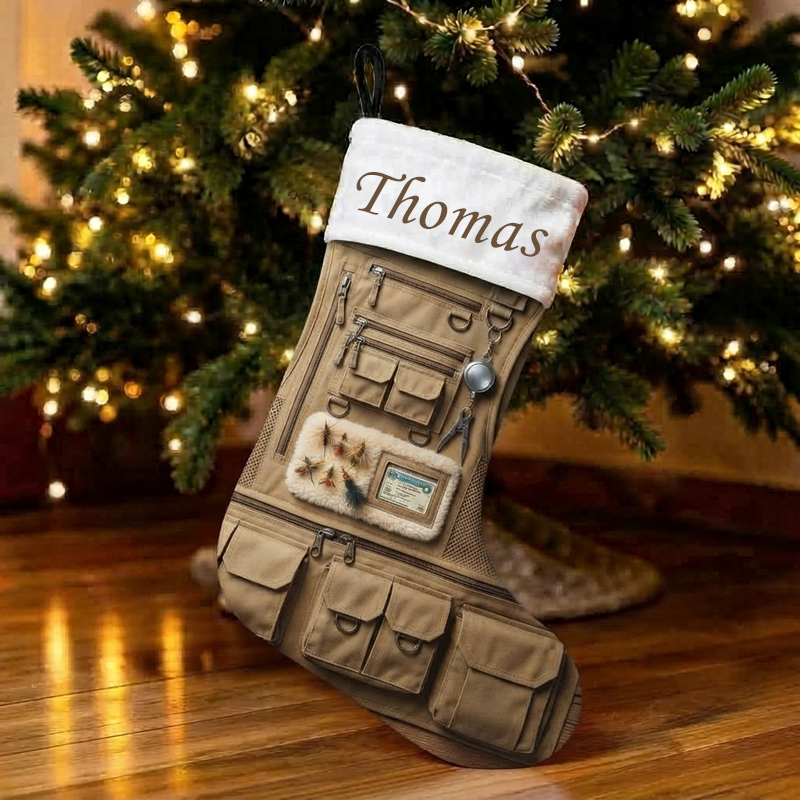 Personalized Fly Fishing Vest Christmas Stocking, Custom Name Fishing Tackle Print Xmas Stocking with White Sherpa Cuff, Lake House Christmas Decor Gift for Fisherman Angler