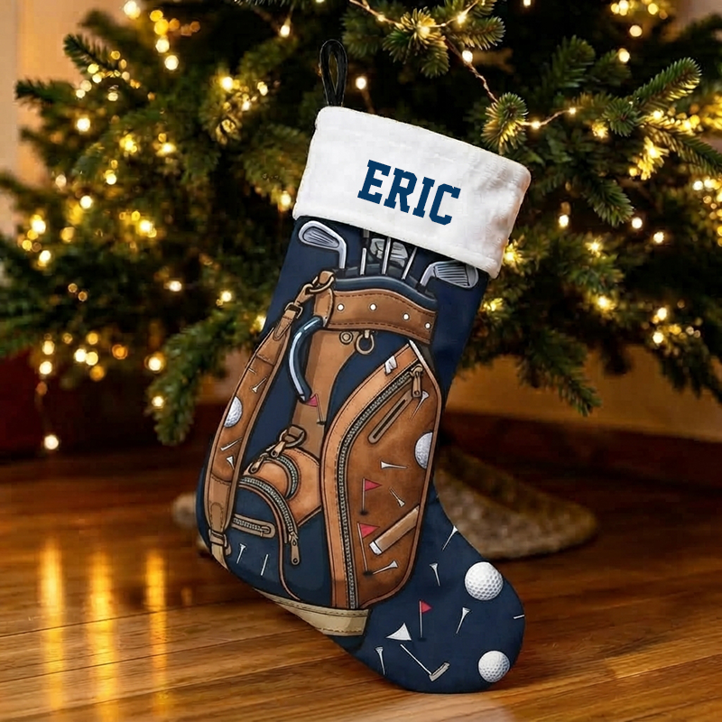 Personalized Golf Bag Christmas Stocking, Custom Name Golf Club Print Xmas Stocking with White Sherpa Cuff, Golf Lover Christmas Hanging Decor Gift for Golfer Dad