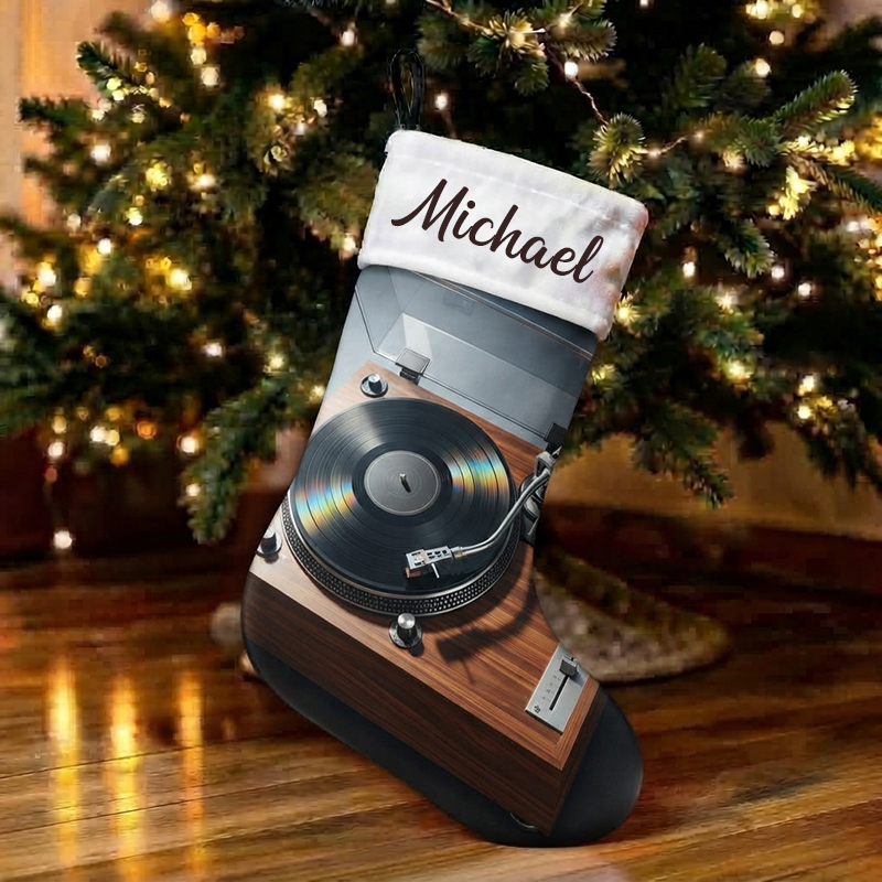 Personalized Studio Headphones Christmas Stocking, Custom Name DJ Over-Ear Headset Print Xmas Stocking with White Sherpa Cuff, Music Lover Christmas Hanging Decor Gift for Musician Producer