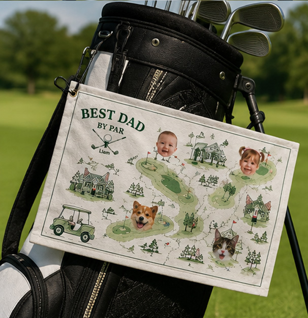 Personalized Golf Course Map Towel Custom Kid and Pet Portraits Father's Day gift