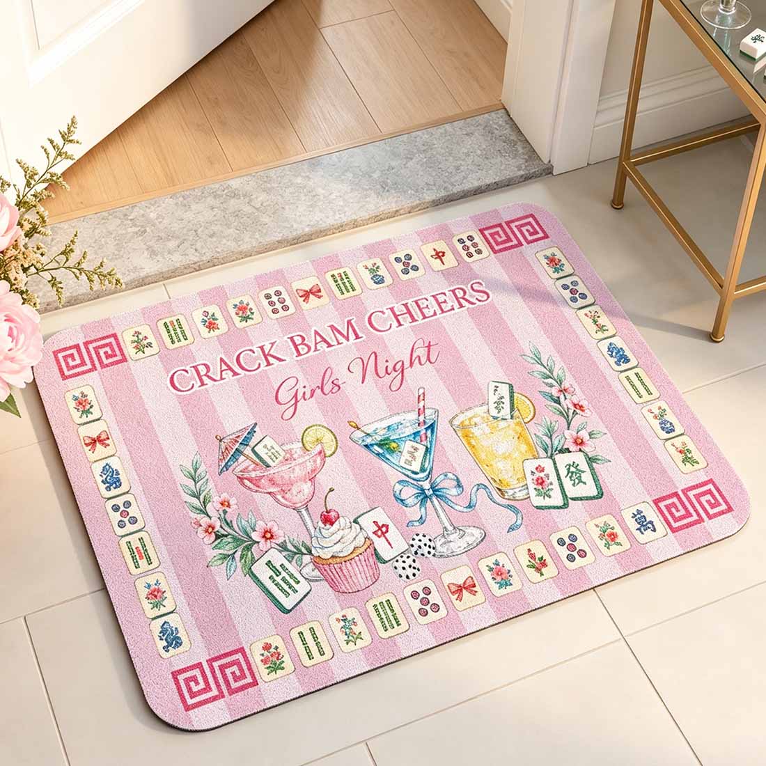 Personalized Vintage Floral Mahjong Theme Striped Doormat with Name