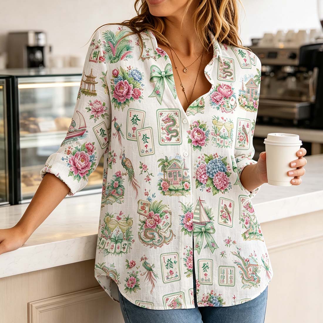 Retro Mahjong Women Blouse Shirt, Chinoiserie Pattern Button Down, Asian Art Long Sleeve Shirt