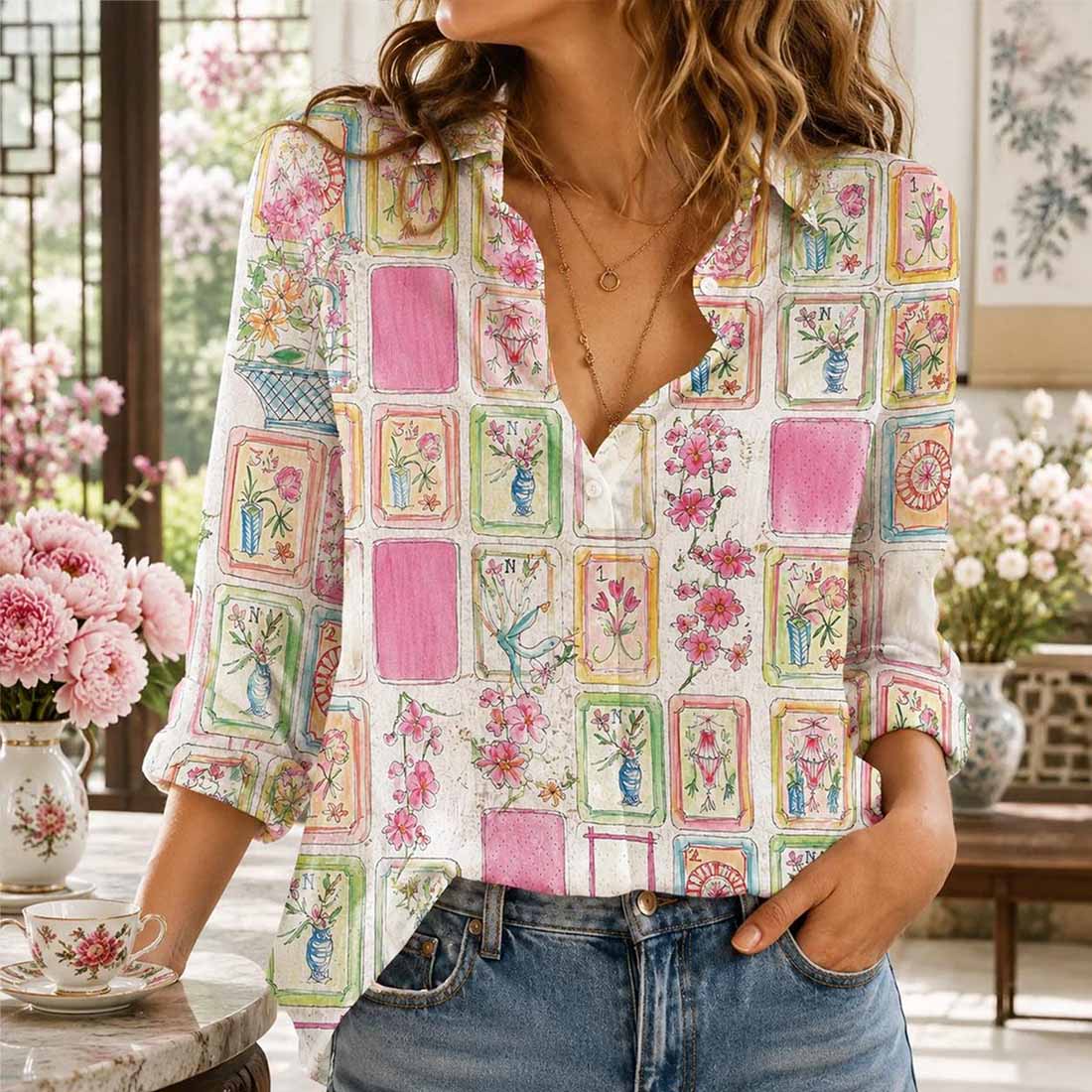 Retro Mahjong Women Blouse Shirt Chinoiserie Pattern Button Down Asian Art Long Sleeve Shirt