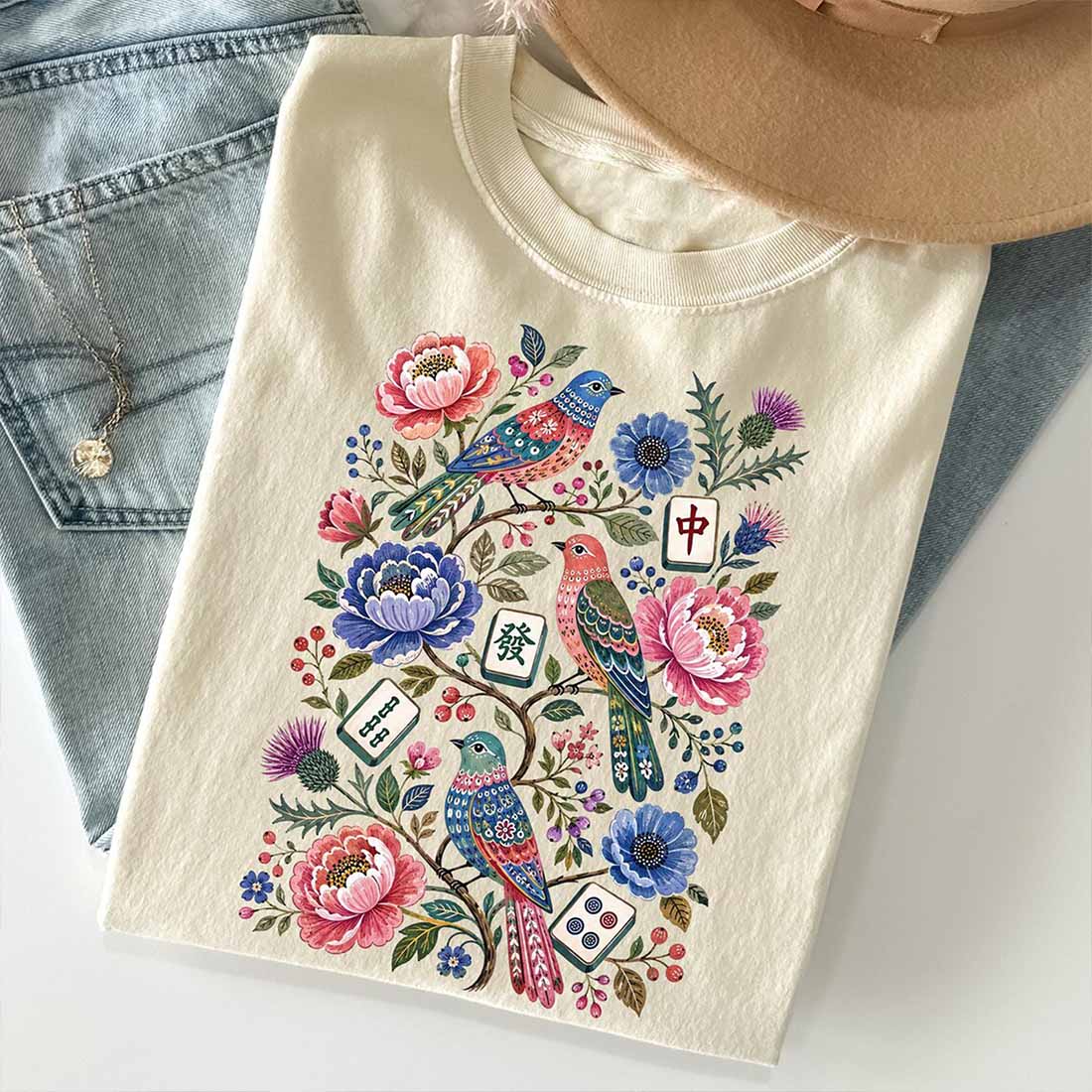 Mahjong Bird Floral Shirt Colorful Tile Game Tee