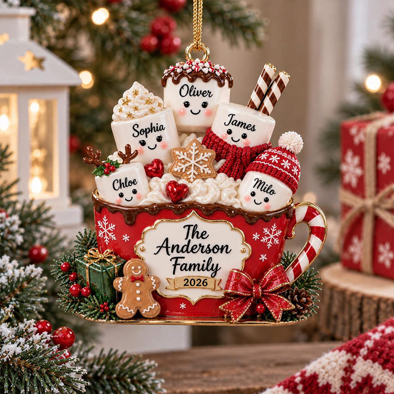 Personalized Family Christmas Ornament Hot Cocoa Marshmallow Keepsake Custom Name GIFT 2026 Holiday Tree Decor Family Gift for Parents
