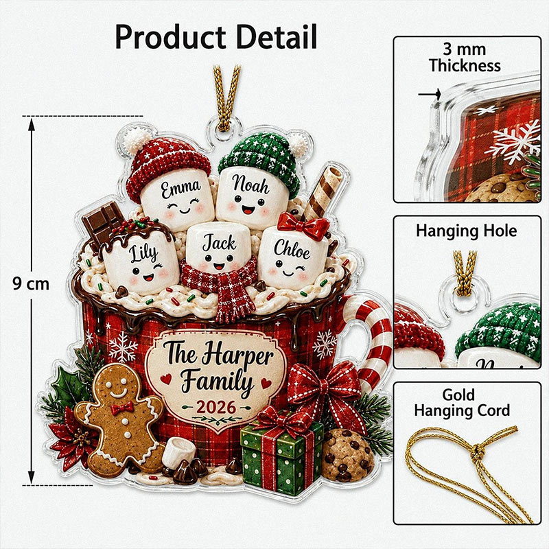 Personalized Marshmallow Family Ornament 2026 Custom Hot Cocoa Cup Acrylic Decor Christmas Tree Keepsake Gift