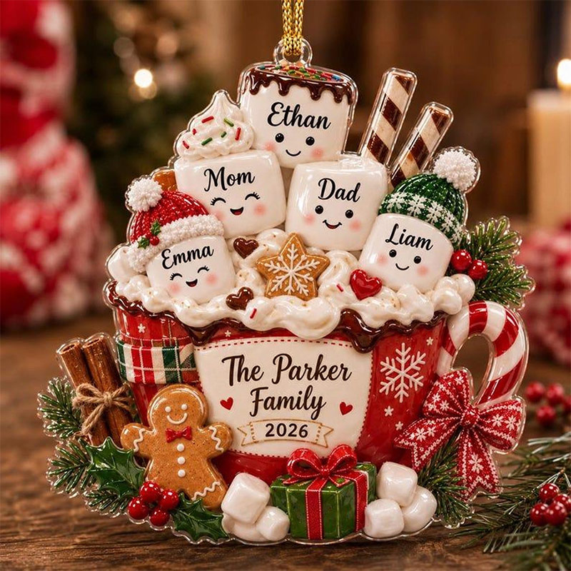 Personalized Acrylic Ornament Marshmallow Family 2026 Custom Family Name 2D Coffee Cup Christmas Decor Holiday Keepsake Gift