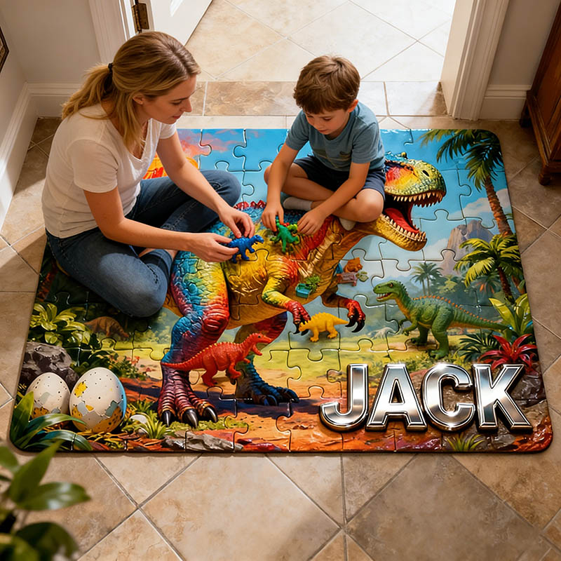 Personalized Cartoon Dinosaur Puzzle Rug Custom Name Gift for Kids Movie Lovers for Birthday Christmas Holiday Party Gift