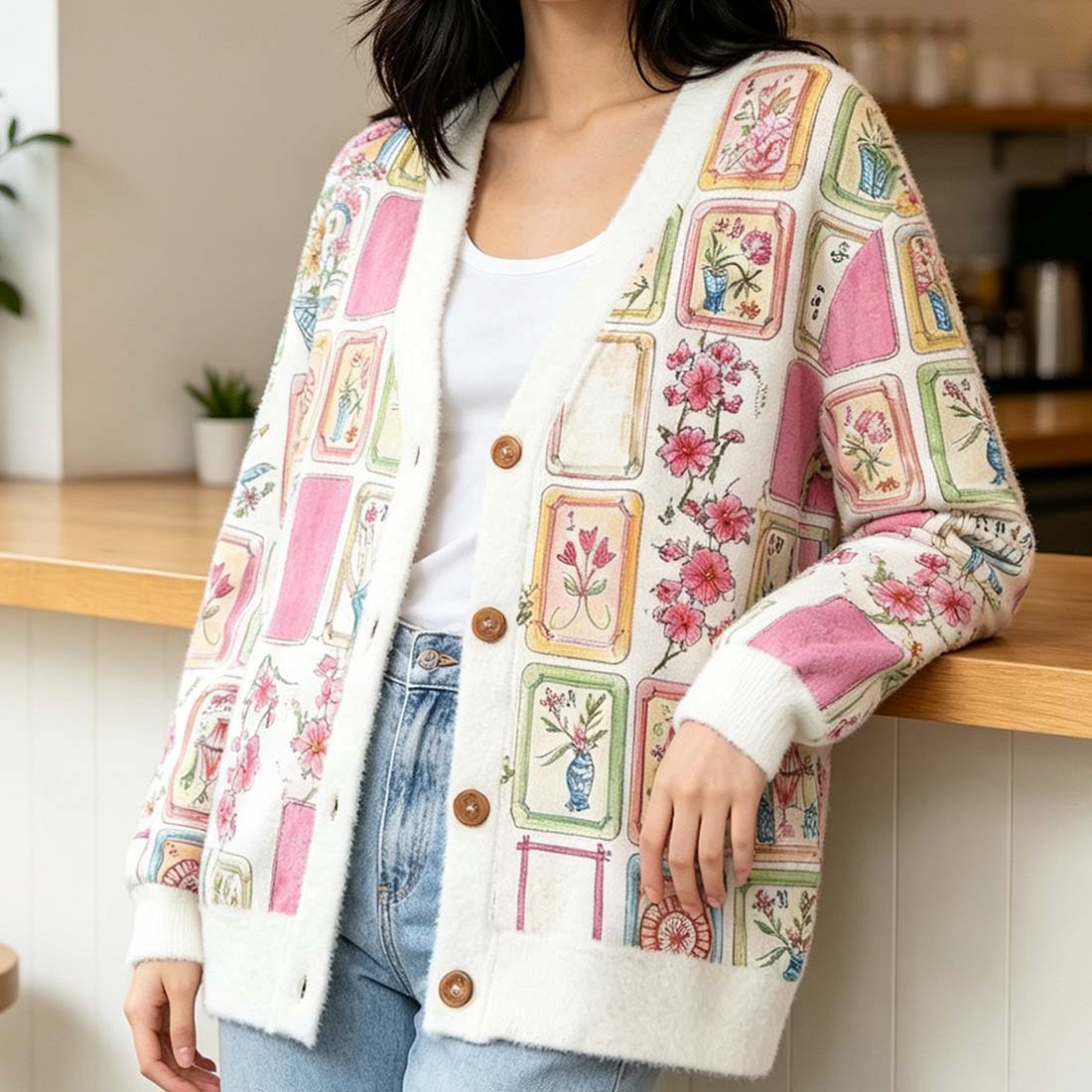 Retro Mahjong Women Light Knit Unisex Cardigan Sweaters  Chinoiserie Pattern Button Down Asian Art