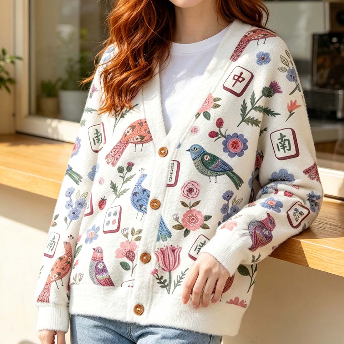 Mahjong Floral Birds Retro Mahjong Women Light Knit Unisex Cardigan Sweaters  Chinoiserie Pattern Button Down Asian Art