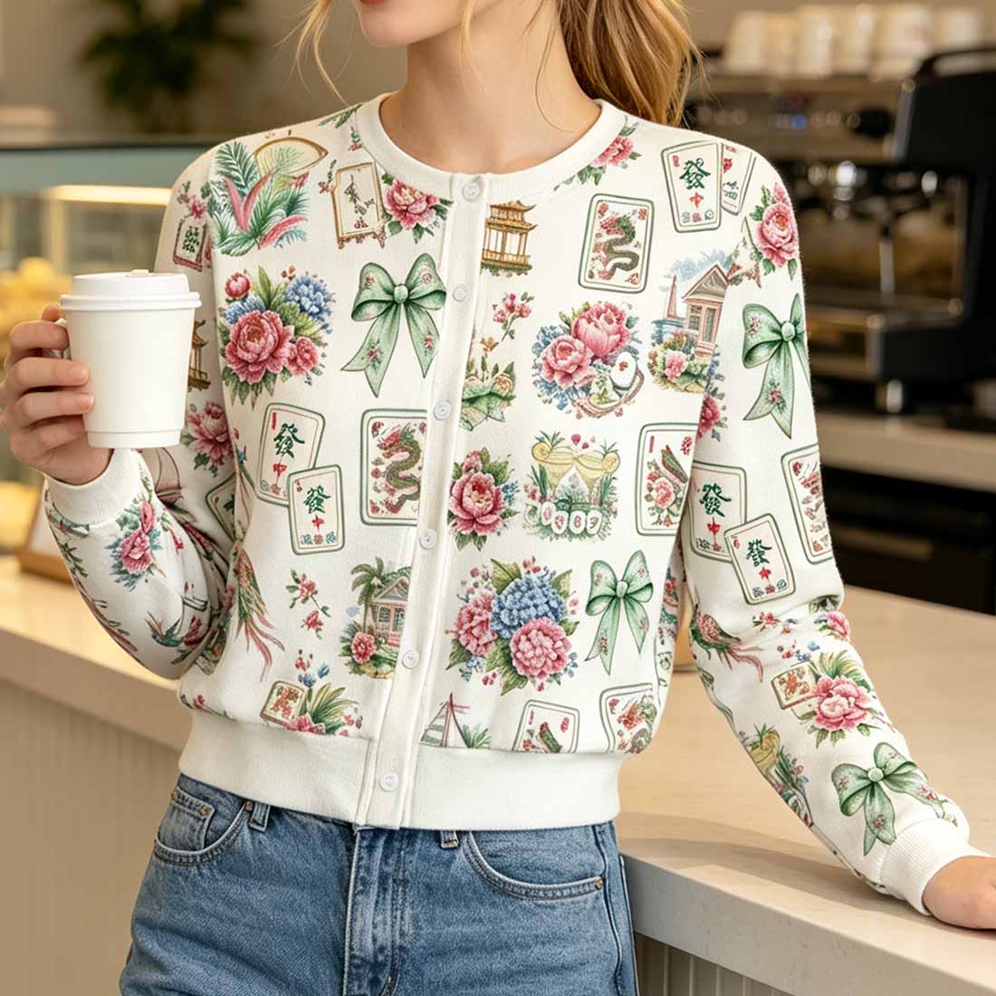 Retro Mahjong Women Crew Neck Cardigan Sweaters Chinoiserie Pattern Asian Art Short