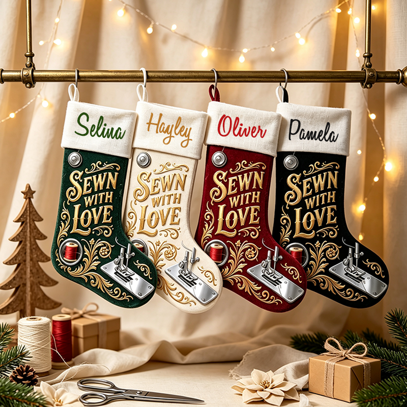 Personalized Sewing Themed Christmas Stocking, Sewn With Love Custom Name Xmas Stocking