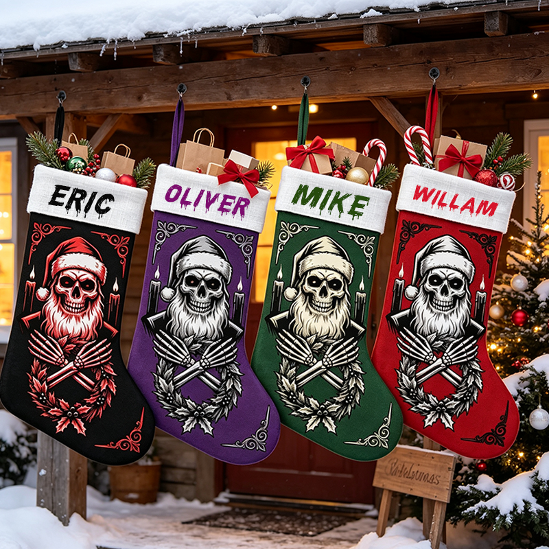 Personalized Skeleton Santa Christmas Stocking, Custom Name Gothic Xmas Stocking, Spooky Dark Holiday Decor, Gift for Goth Lover, Family Fireplace Hanging Sock