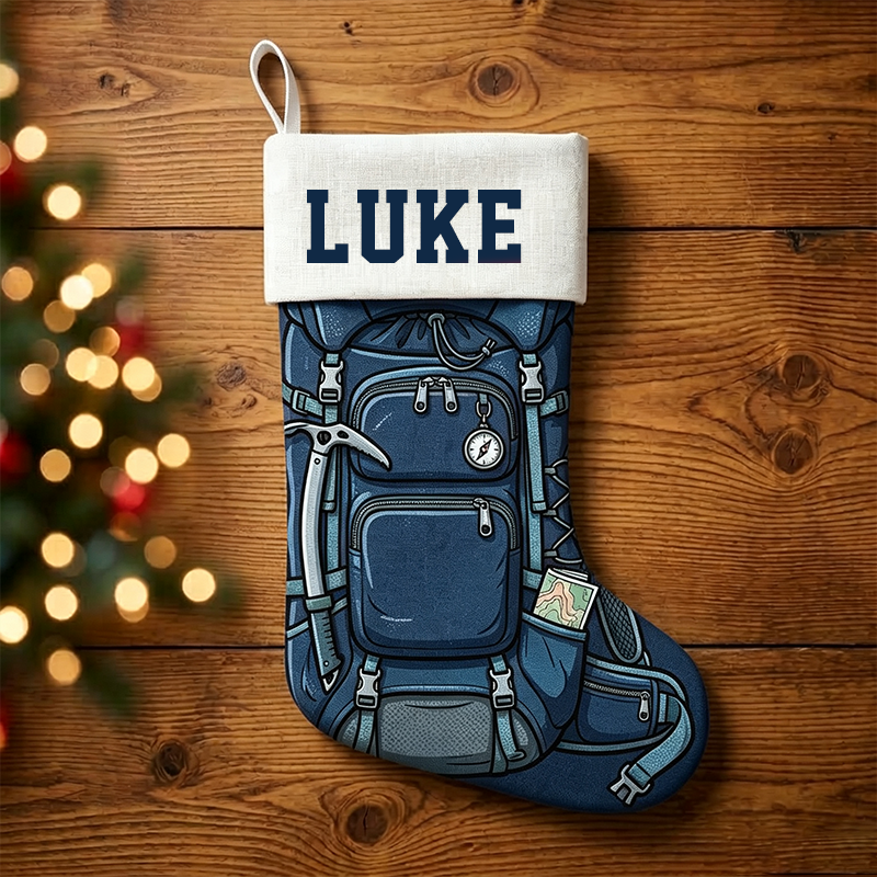 Personalized Hiking Backpack Christmas Stocking, Custom Name Outdoor Camping Xmas Stocking, Adventure Themed Christmas Decor Gift for Hiker Camper