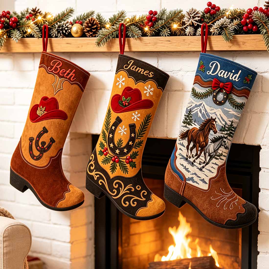 Personalized Cowboy Boot Christmas Stocking Faux Suede Printed Western Holiday Decor