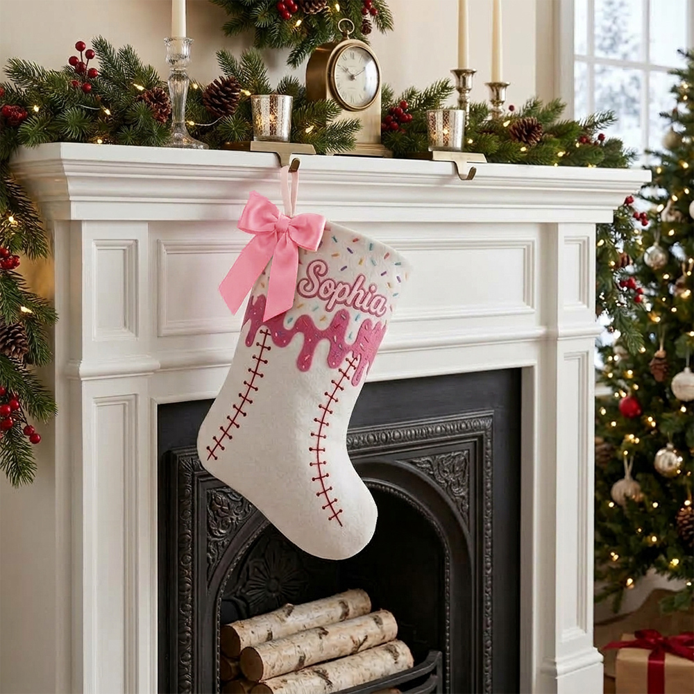 Personalized Pastel Baseball Christmas Stocking with Name and Bow
