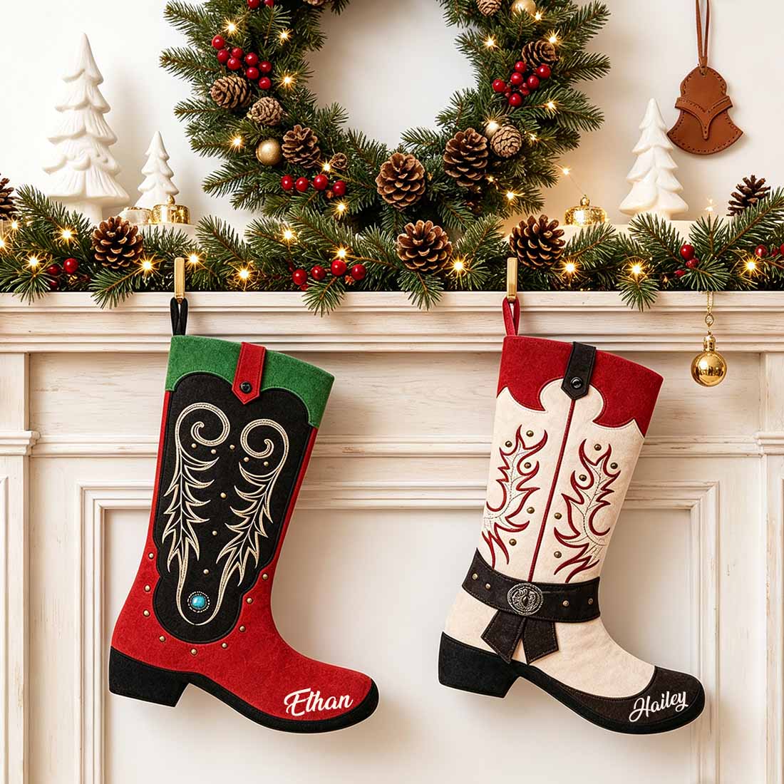 Cowboy Boot Christmas Stocking Faux Suede Printed Western Holiday Decor