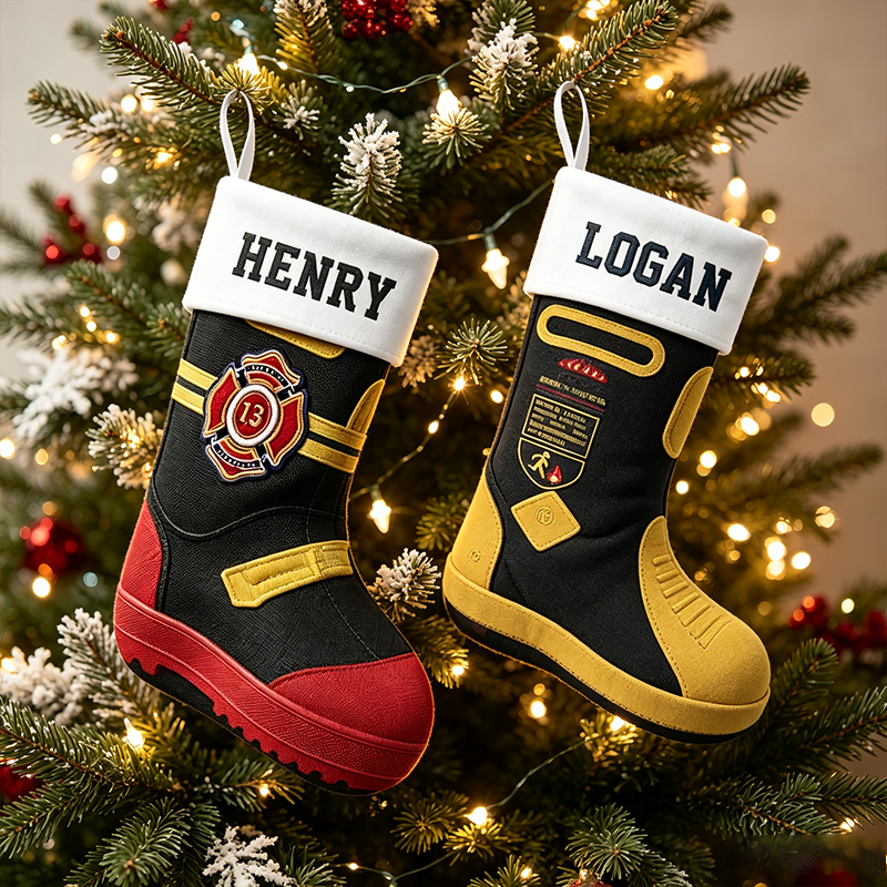 Personalized Firefighter Boot Christmas Stocking, Custom Name Fireman Christmas Stocking, Fire Department Xmas Sock, Firefighter Family Christmas Decor, Custom Holiday Gift