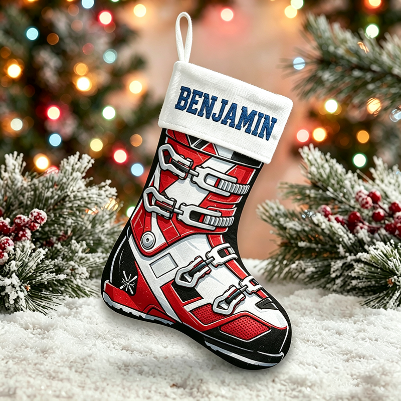 Personalized Ski Boot Christmas Stocking, Custom Name Skiing Christmas Stocking, Gift for Skiers, Winter Sports Family Holiday Mantel Decor