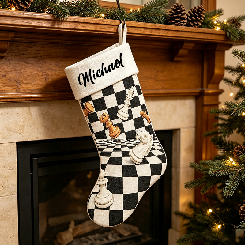 Personalized Name Chess Christmas Stocking, 3D Chess Pieces Checkerboard Pattern Custom Holiday Stocking, Customized Christmas Decor Gift for Chess Lovers, Family Christmas Mantel Decoration