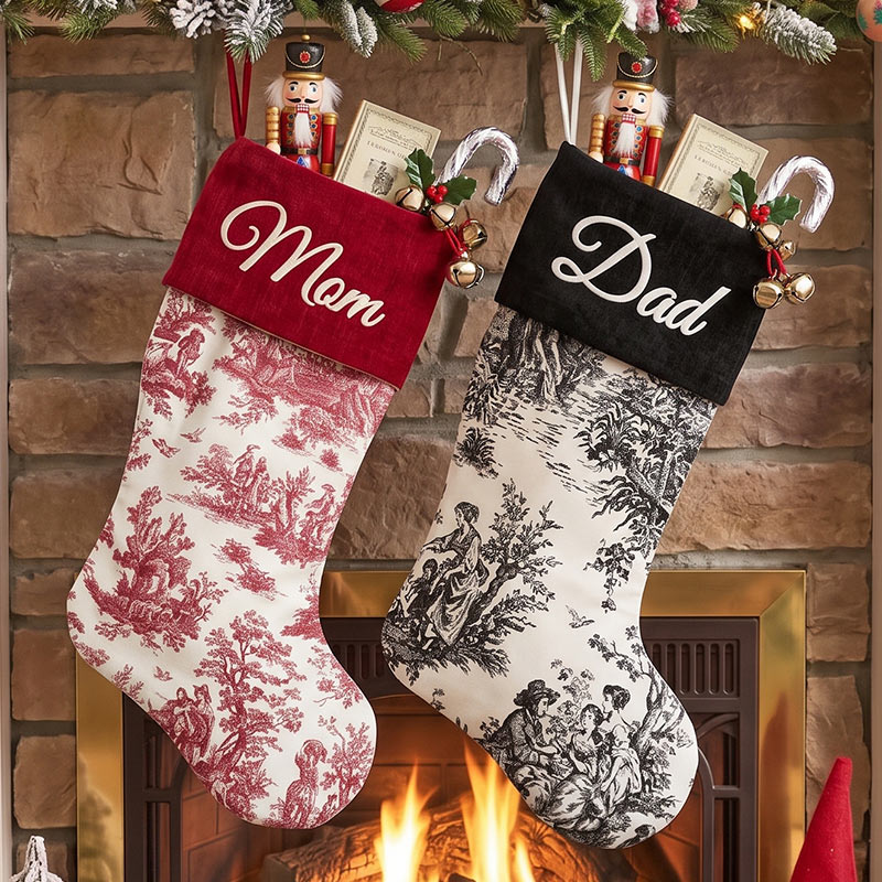Personalized Toile Christmas Stockings Custom French Country Holiday Decor Farmhouse Stockings Elegant Monogrammed Name Stocking Family Christmas Gift