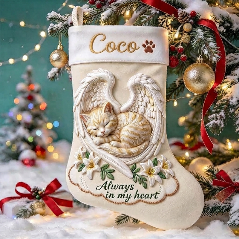 Personalized Pet Memorial Christmas Stocking, Angel Dog With Wings Custom Name Xmas Sock, Always In My Heart Remembrance Gift For Loss Of Dog
