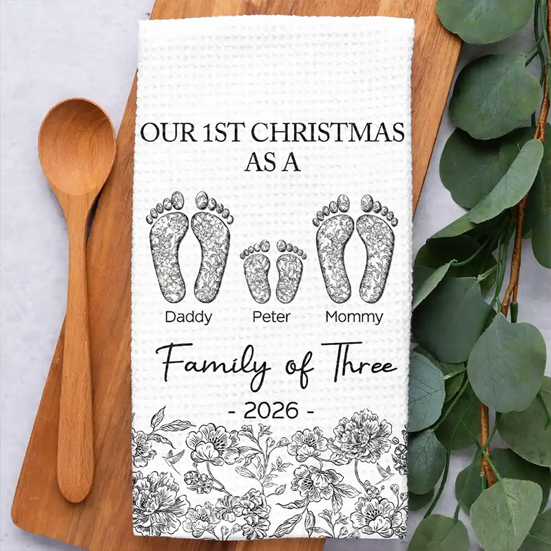 Personalized First Christmas As A Family Of Four Toile Footprints Kitchen Towel Custom Family Kitchen Towel Christmas Gift for Mom Dad Grandparents