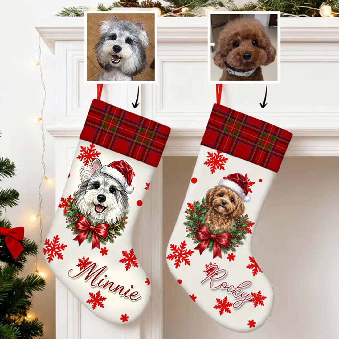 Personalized Christmas Theme Snowflake Pet Photo Christmas Stocking with Name