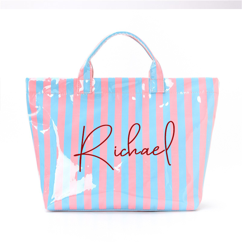 Personalized Girls Beach Traveling Waterproof Striped Tote Bag Custom PVC Pool Bag Bridesmaid Gift Future Bride Tote Reusable Shopper Bag